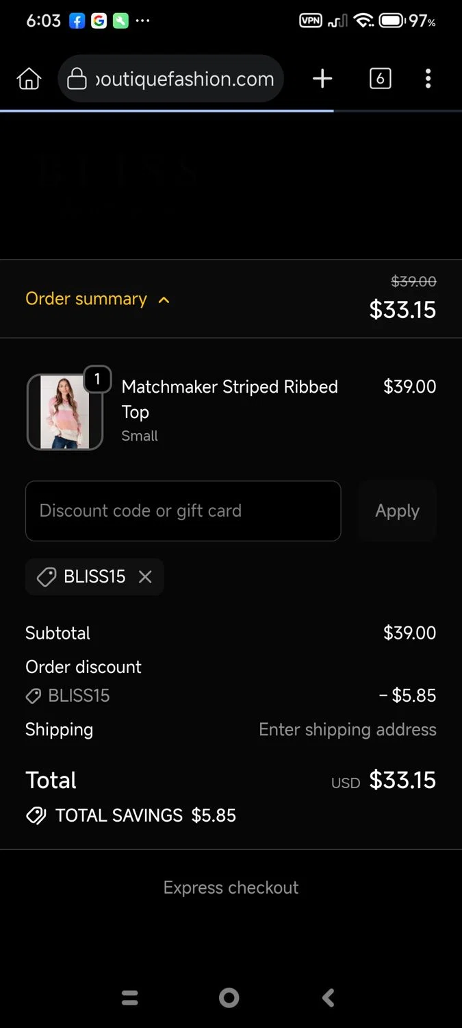 Bliss Boutique coupon code screenshot showing code BLISS15 applied at Bliss Boutique checkout page. Uploaded by SimplyCodes community member cuenta03 on Oct 9, 2025