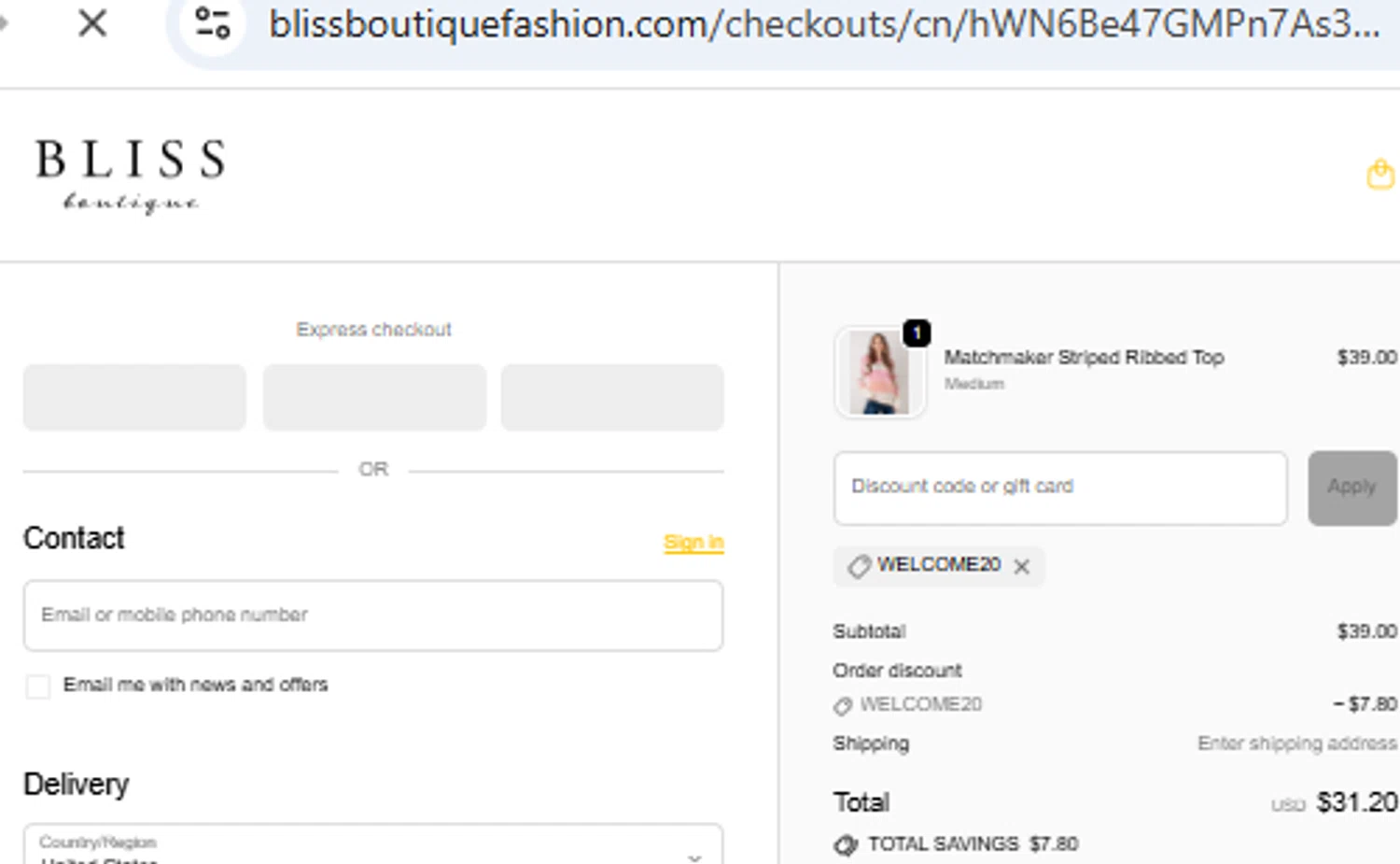 Bliss Boutique coupon code screenshot showing code WELCOME20 applied at Bliss Boutique checkout page. Uploaded by SimplyCodes community member PennyOwl2559 on Dec 8, 2025