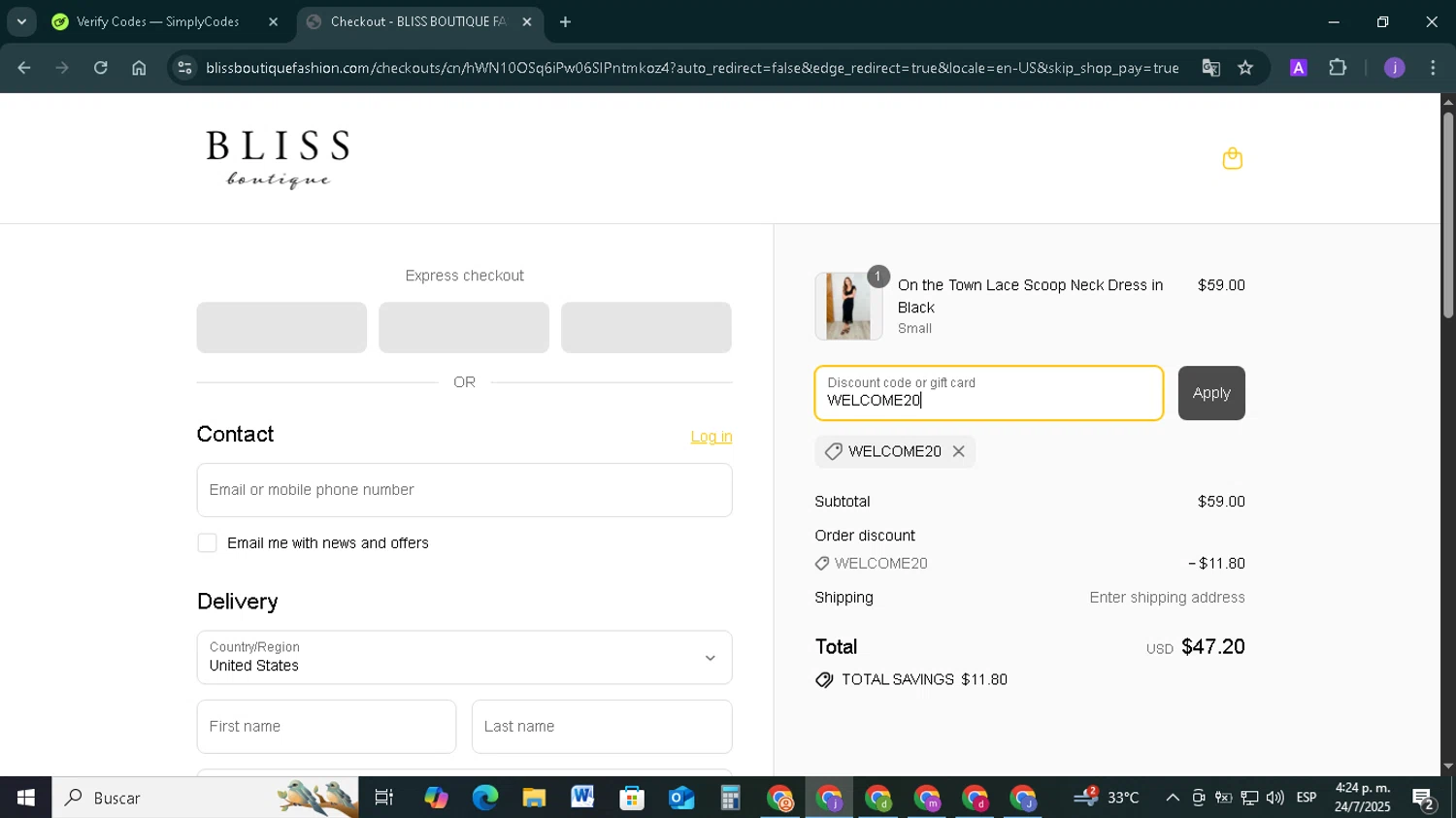 Bliss Boutique coupon code screenshot showing code WELCOME20 applied at Bliss Boutique checkout page. Uploaded by SimplyCodes community member TAZ2024 on Jul 24, 2025