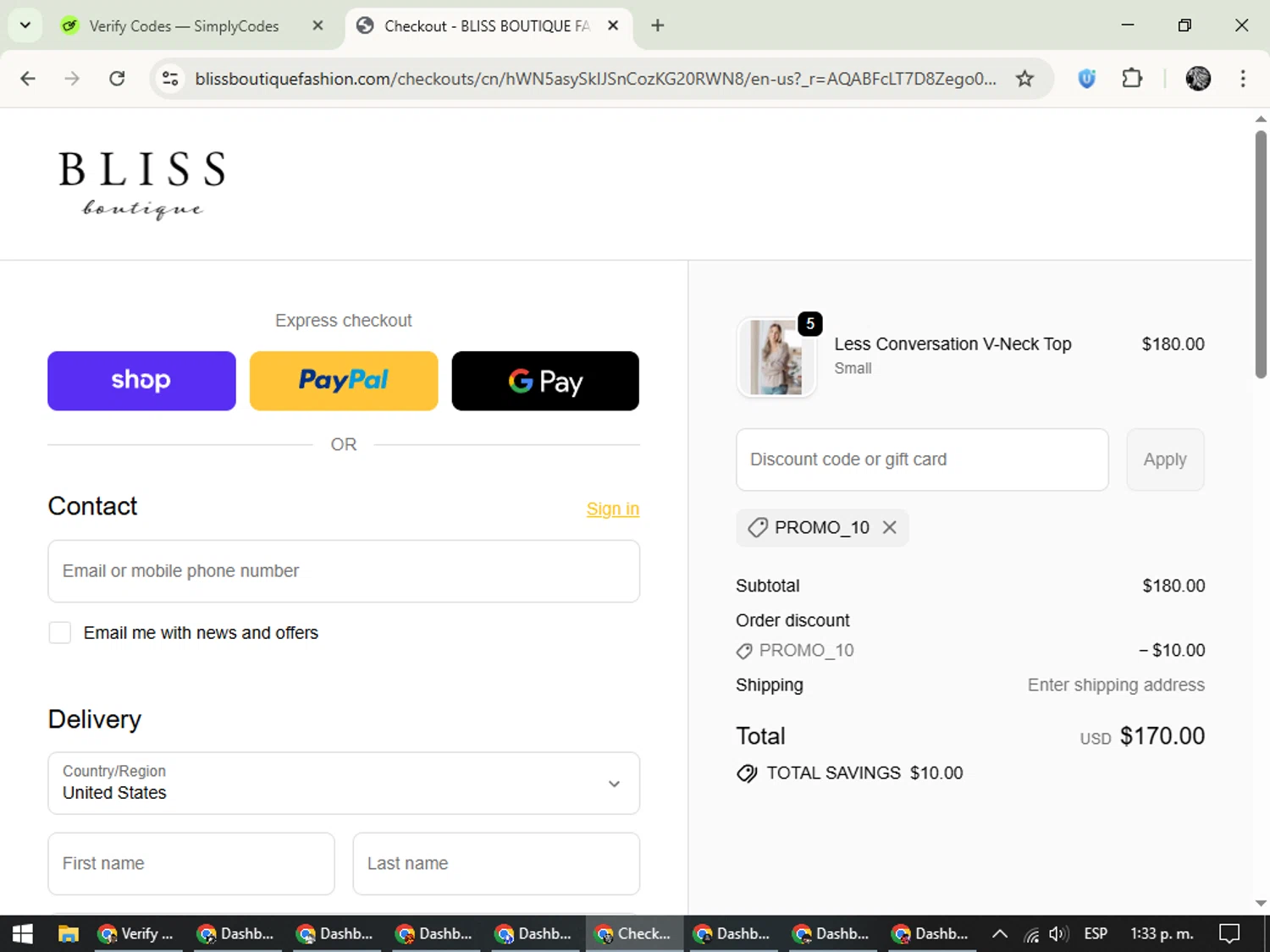 Bliss Boutique coupon code screenshot showing code PROMO_10 applied at Bliss Boutique checkout page. Uploaded by SimplyCodes community member PrimeKnight6101 on Nov 22, 2025
