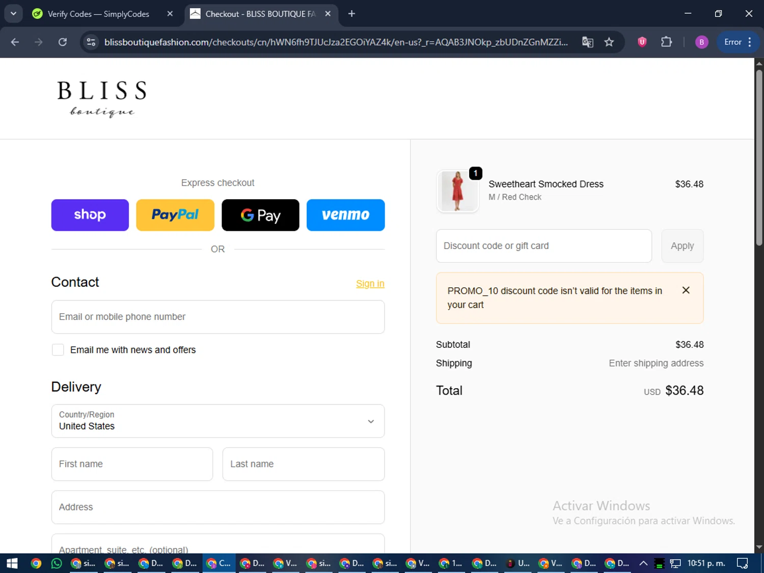 Bliss Boutique coupon code screenshot showing code PROMO_10 applied at Bliss Boutique checkout page. Uploaded by SimplyCodes community member travisscott on Dec 21, 2025