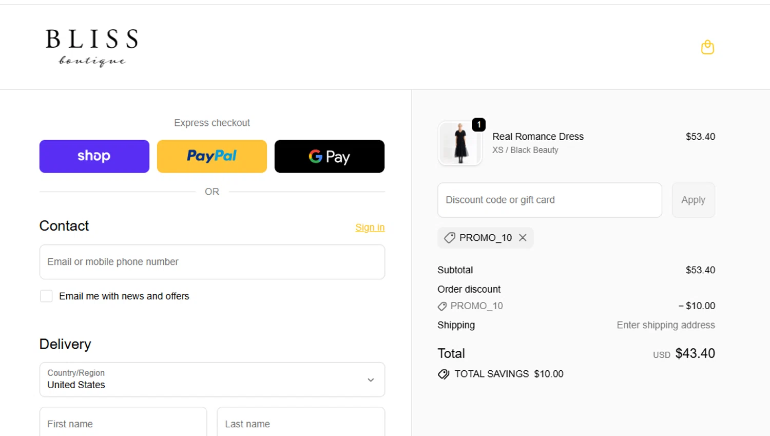 Bliss Boutique coupon code screenshot showing code PROMO_10 applied at Bliss Boutique checkout page. Uploaded by SimplyCodes community member yeresojperez on Nov 17, 2025