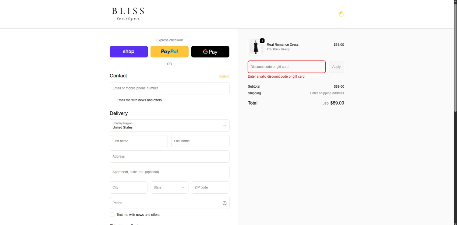 Bliss Boutique coupon code screenshot showing code SNOW applied at Bliss Boutique checkout page. Uploaded by SimplyCodes community member SavvyAdmiral5612 on Feb 3, 2026
