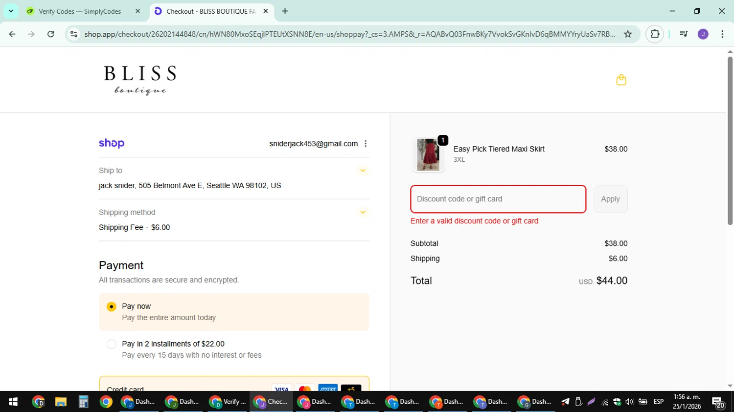 Bliss Boutique coupon code screenshot showing code SNOW applied at Bliss Boutique checkout page. Uploaded by SimplyCodes community member sniderjack453 on Jan 25, 2026