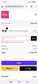 Bliss Boutiques coupon verification screenshot