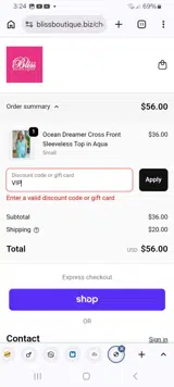 Bliss Boutiques coupon verification screenshot