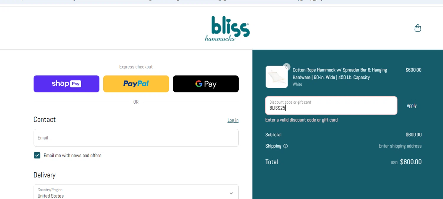 Bliss Hammocks promo code screenshot showing code BLISS25 applied at Bliss Hammocks checkout page. Uploaded by SimplyCodes community member Lismar on May 19, 2025