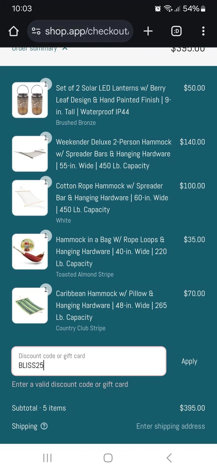 Bliss Hammocks promo code screenshot showing code BLISS25 applied at Bliss Hammocks checkout page. Uploaded by SimplyCodes community member MeganFox on May 19, 2025