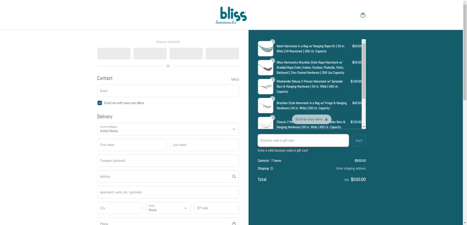 Bliss Hammocks promo code screenshot showing code BLISS25 applied at Bliss Hammocks checkout page. Uploaded by SimplyCodes community member WiseMonarch6687 on May 19, 2025