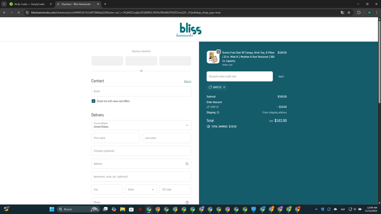 Bliss Hammocks promo code screenshot showing code SAVE10 applied at Bliss Hammocks checkout page. Uploaded by SimplyCodes community member MDLECHUZA on Nov 15, 2025