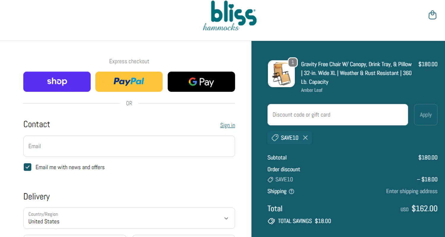 Bliss Hammocks promo code screenshot showing code SAVE10 applied at Bliss Hammocks checkout page. Uploaded by SimplyCodes community member eithanmilas on Nov 15, 2025