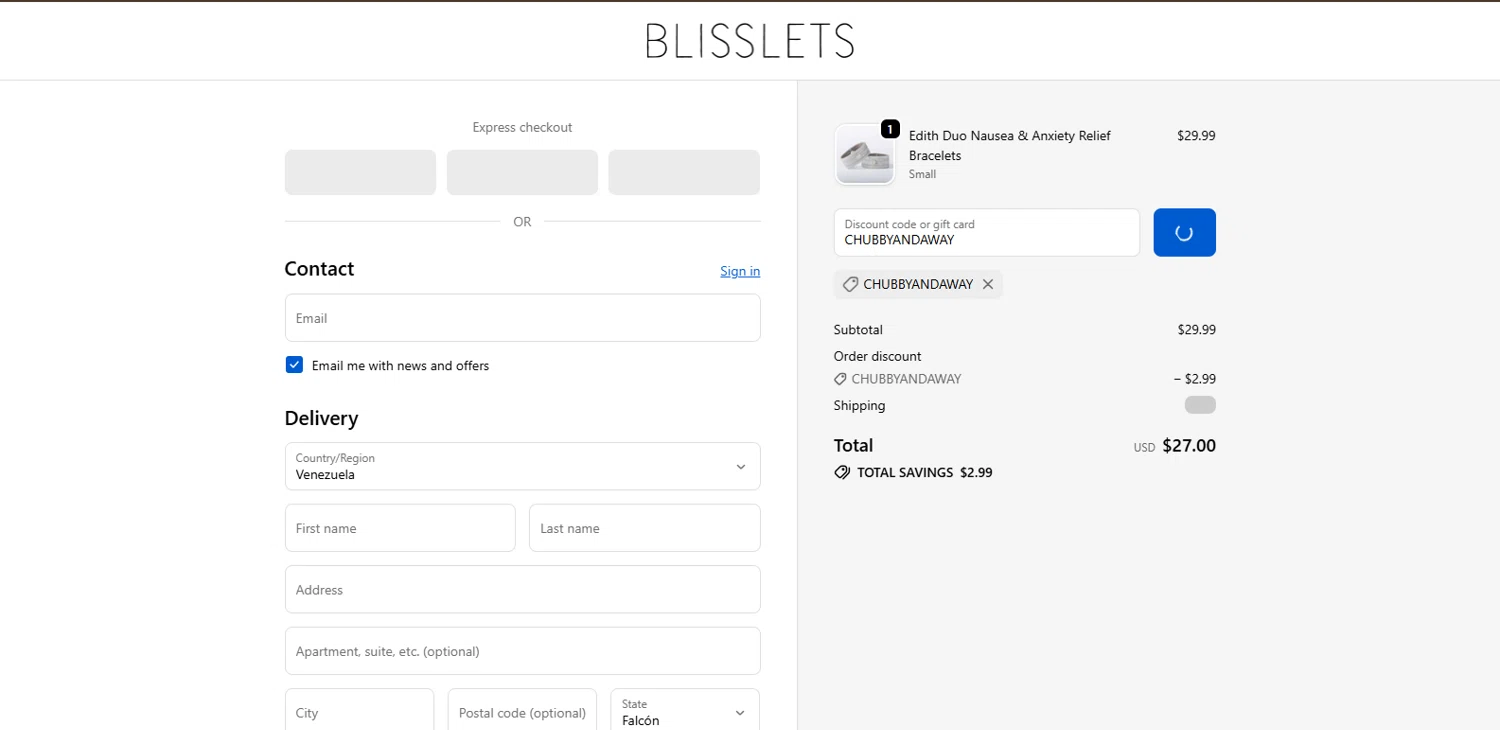 Blisslets discount code screenshot showing code CHUBBYANDAWAY applied at Blisslets checkout page. Uploaded by SimplyCodes community member BrillianteMaestro892 on Oct 7, 2025