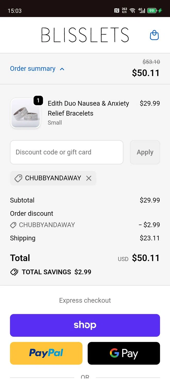 Blisslets discount code screenshot showing code CHUBBYANDAWAY applied at Blisslets checkout page. Uploaded by SimplyCodes community member Papiee on Nov 9, 2025
