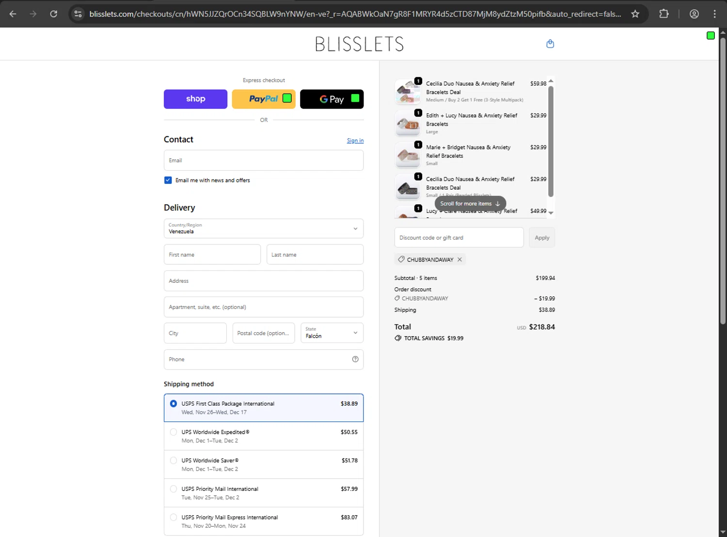 Blisslets discount code screenshot showing code CHUBBYANDAWAY applied at Blisslets checkout page. Uploaded by SimplyCodes community member RINITOSHI on Nov 15, 2025