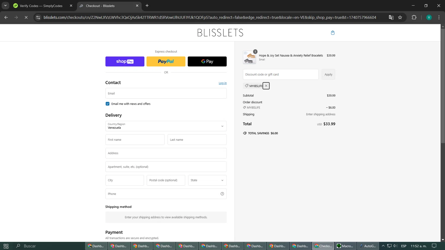 Blisslets discount code screenshot showing code MYIBSLIFE applied at Blisslets checkout page. Uploaded by SimplyCodes community member TreasureCurator5878 on Feb 28, 2025