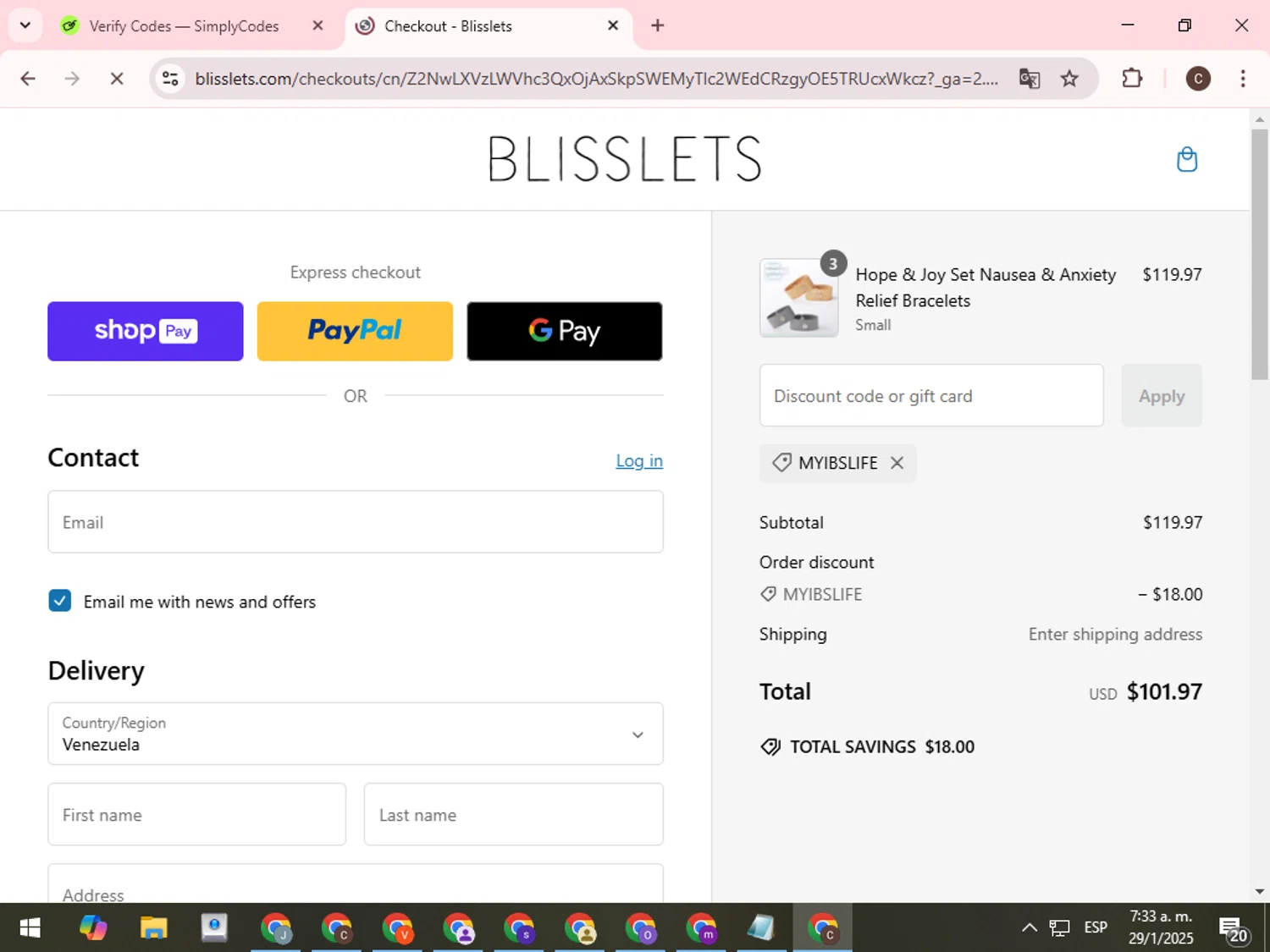 Blisslets discount code screenshot showing code MYIBSLIFE applied at Blisslets checkout page. Uploaded by SimplyCodes community member WonderCurator7831 on Jan 29, 2025