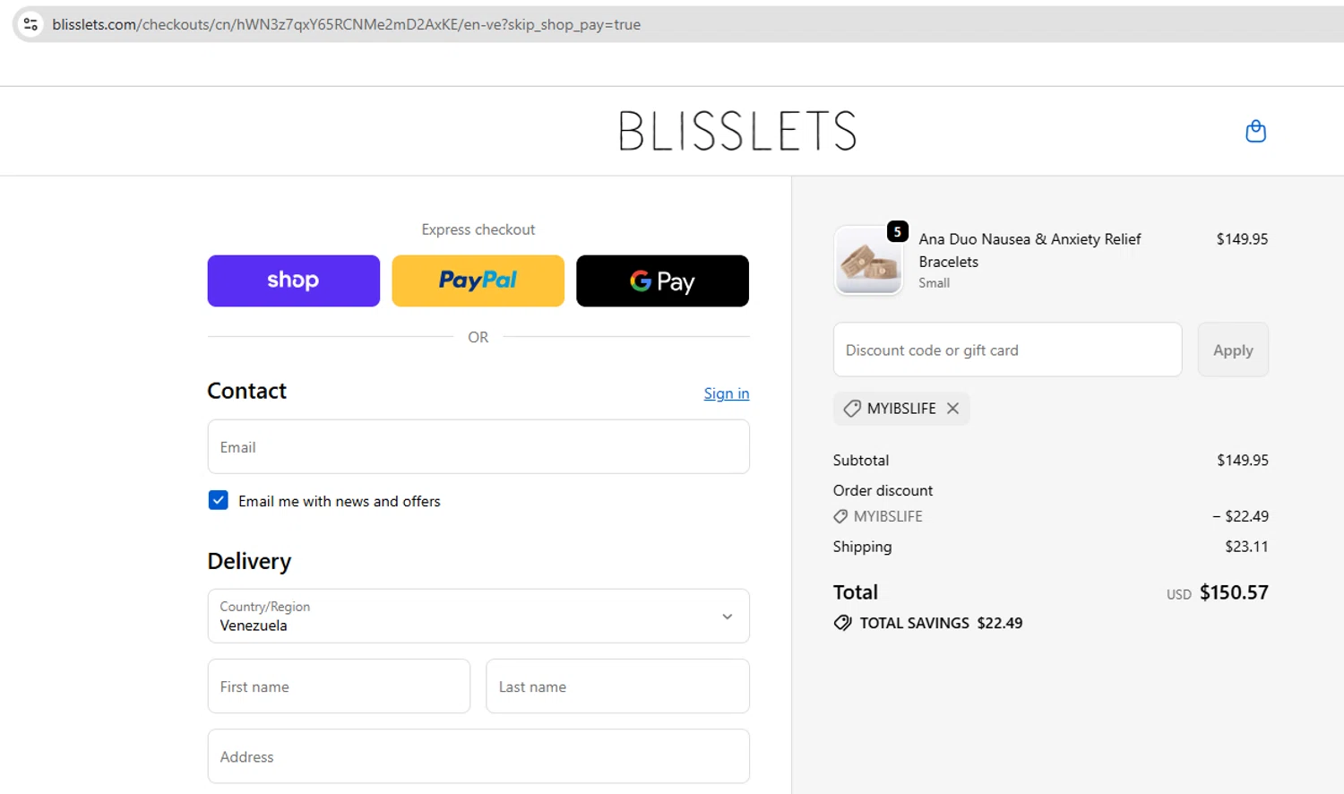 Blisslets discount code screenshot showing code MYIBSLIFE applied at Blisslets checkout page. Uploaded by SimplyCodes community member YHLQMDLGN on Oct 11, 2025