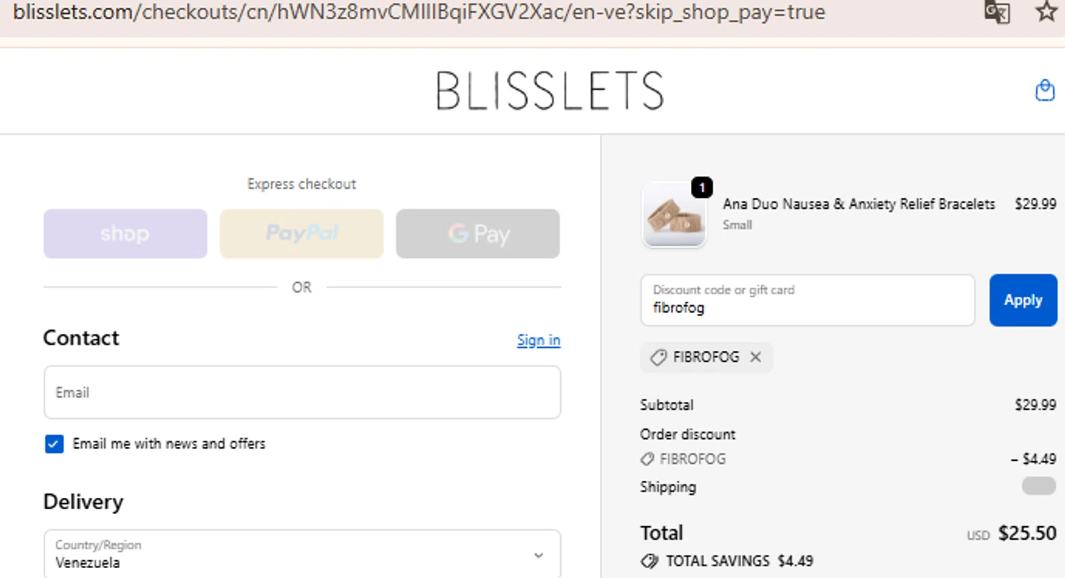 Blisslets discount code screenshot showing code fibrofog applied at Blisslets checkout page. Uploaded by SimplyCodes community member BudgetLion5814 on Oct 11, 2025