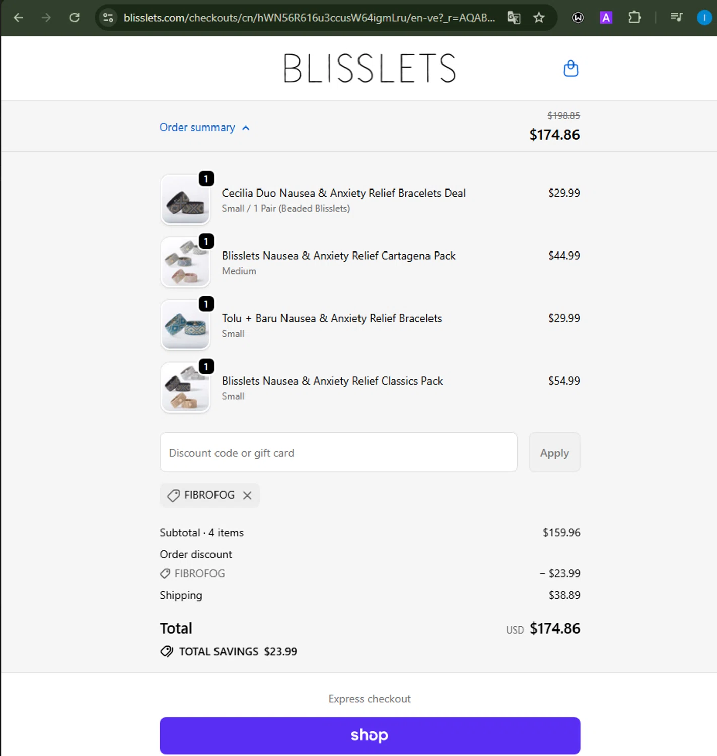 Blisslets discount code screenshot showing code fibrofog applied at Blisslets checkout page. Uploaded by SimplyCodes community member Loslocosdelavela on Nov 9, 2025