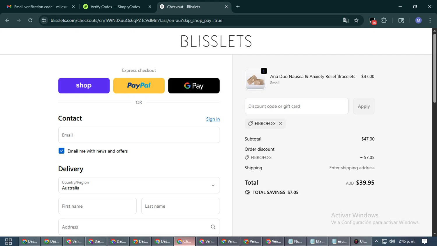 Blisslets discount code screenshot showing code fibrofog applied at Blisslets checkout page. Uploaded by SimplyCodes community member PrimeFox5260 on Sep 29, 2025