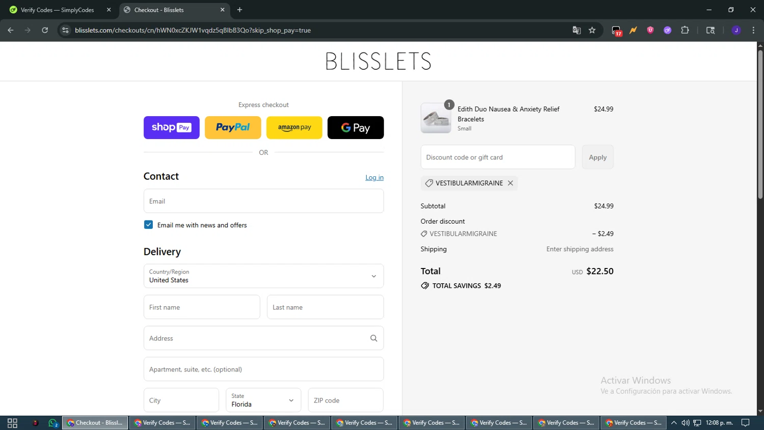 Blisslets discount code screenshot showing code vestibularmigraine applied at Blisslets checkout page. Uploaded by SimplyCodes community member WiseMaven9968 on Jul 23, 2025