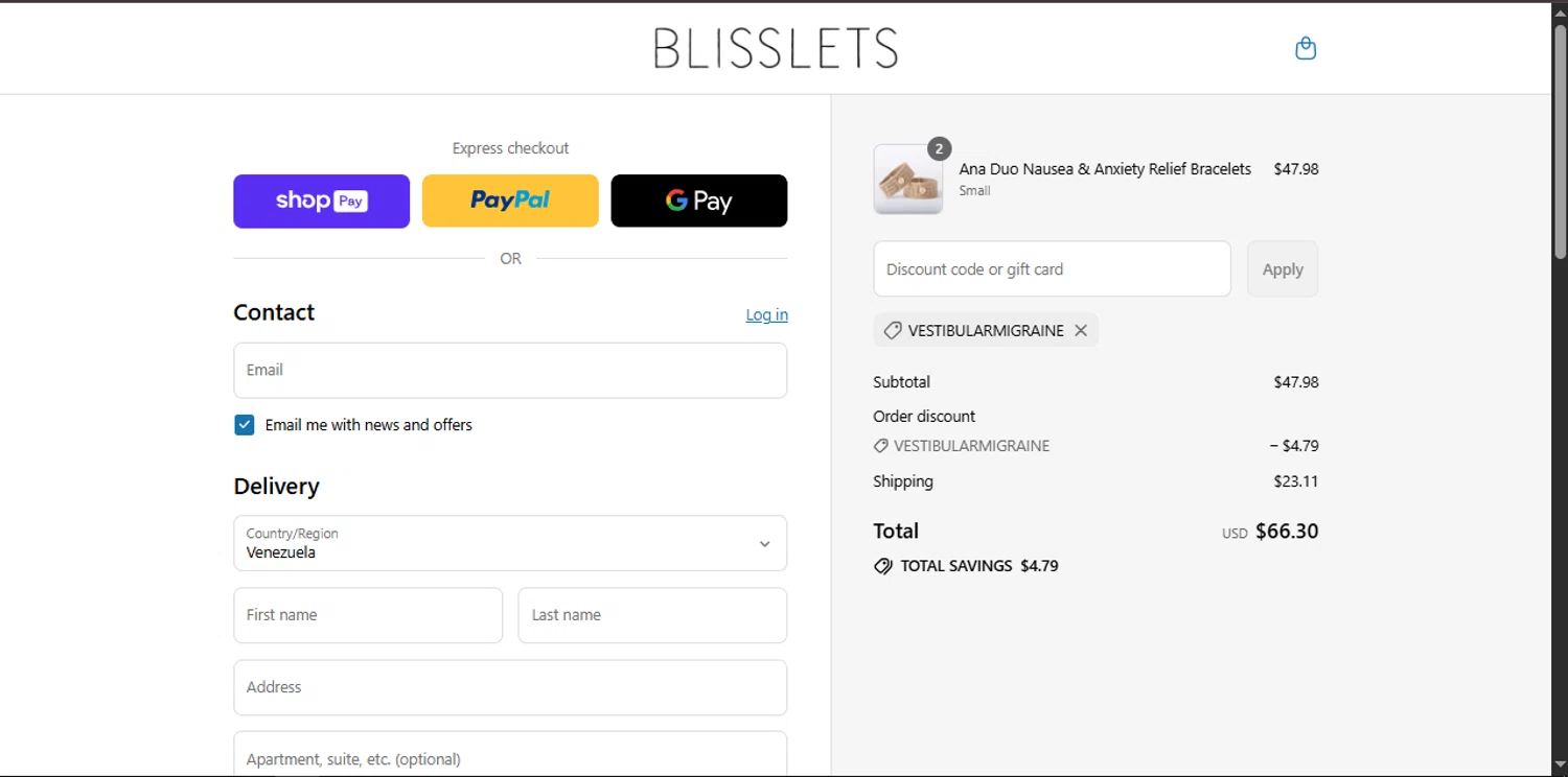 Blisslets discount code screenshot showing code vestibularmigraine applied at Blisslets checkout page. Uploaded by SimplyCodes community member Xiooh292929 on Jul 23, 2025