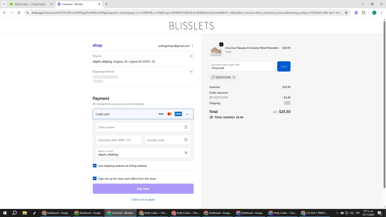 Blisslets discount code screenshot showing code Dizzycook applied at Blisslets checkout page. Uploaded by SimplyCodes community member HEROESCUDA on Nov 25, 2025