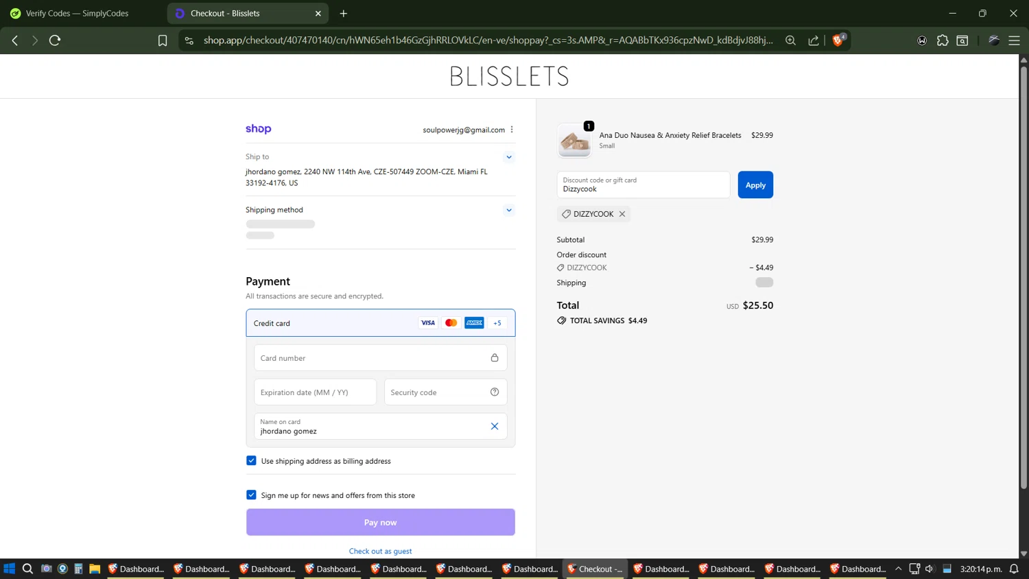 Blisslets discount code screenshot showing code Dizzycook applied at Blisslets checkout page. Uploaded by SimplyCodes community member Phoenix on Dec 5, 2025