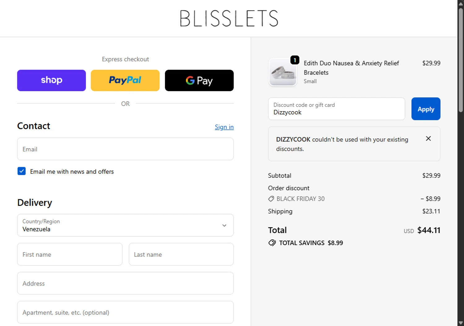 Blisslets discount code screenshot showing code Dizzycook applied at Blisslets checkout page. Uploaded by SimplyCodes community member Santi_ago on Nov 30, 2025