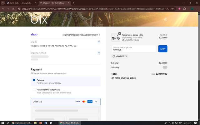 Blix Electric Bikes checkout page showing Blix Electric Bikes promo code box | Screenshot taken by SimplyCodes community member on Sep 10, 2025