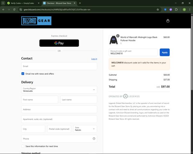 Blizzard Gear checkout page showing Blizzard Gear discount code box | Screenshot taken by SimplyCodes community member on Aug 22, 2025