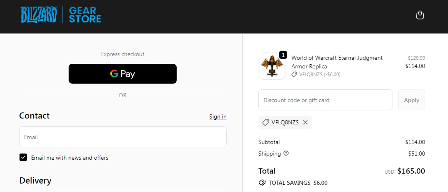 Blizzard Gear promo code screenshot showing code VFLQ8NZS applied at Blizzard Gear checkout page. Uploaded by SimplyCodes community member RonaldAcunaJr on Feb 8, 2026