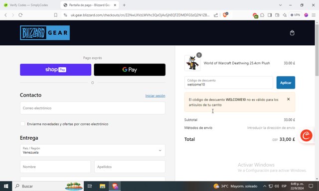 Blizzard Gear Store checkout page showing Blizzard Gear Store discount code box | Screenshot taken by SimplyCodes community member on Sep 22, 2024