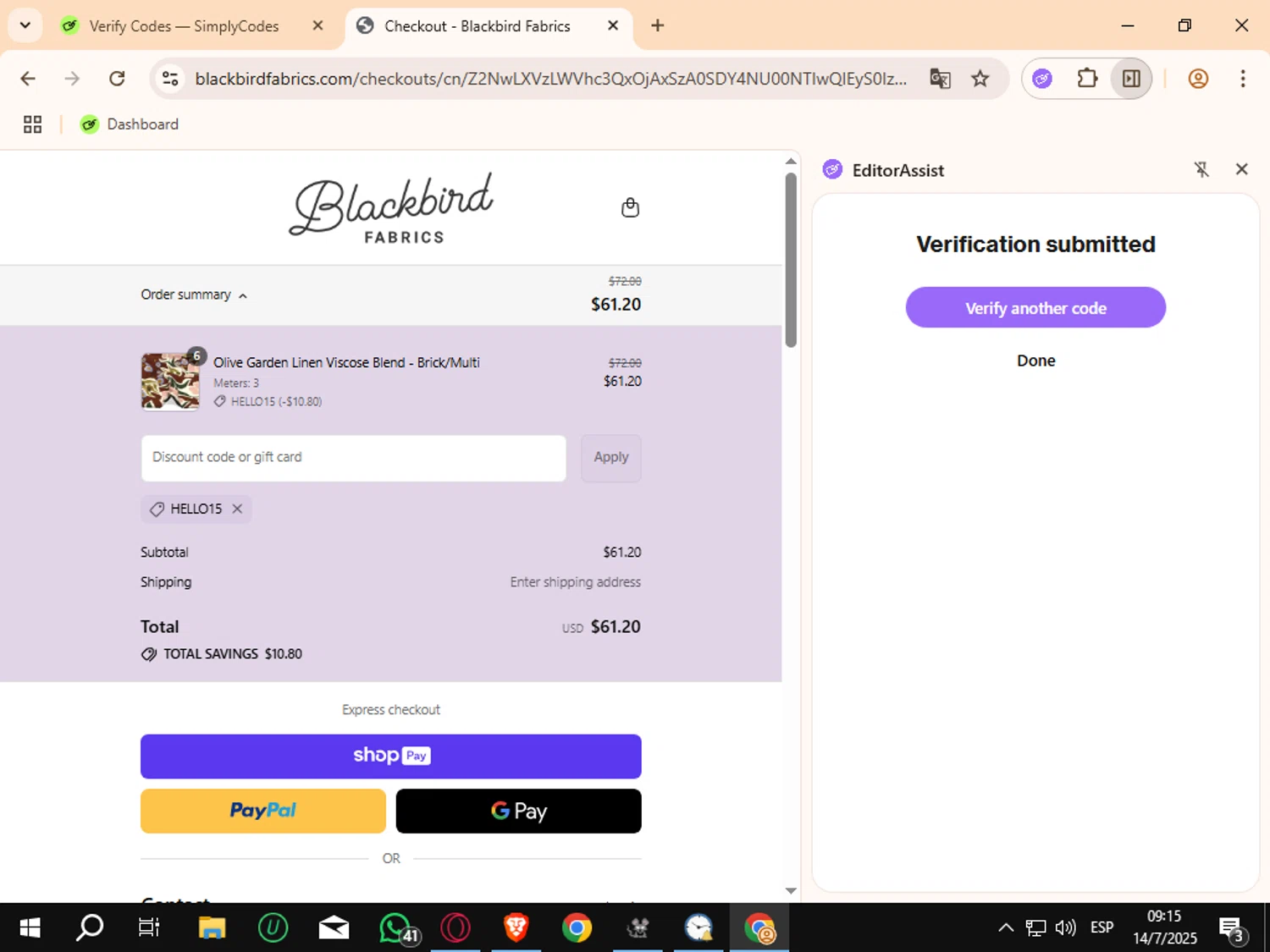 Blackbird Fabrics discount code screenshot showing code HELLO15 applied at Blackbird Fabrics checkout page. Uploaded by SimplyCodes community member Crchirino1 on Jul 14, 2025