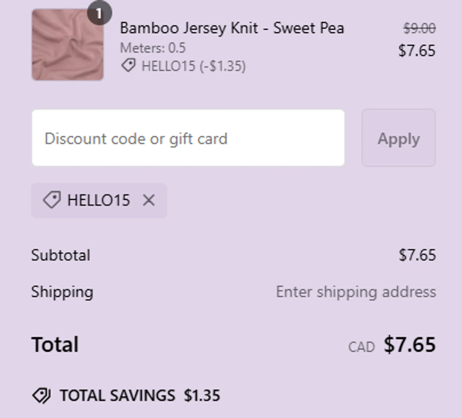 Blackbird Fabrics discount code screenshot showing code HELLO15 applied at Blackbird Fabrics checkout page. Uploaded by SimplyCodes community member Sisisiisi on Feb 28, 2025