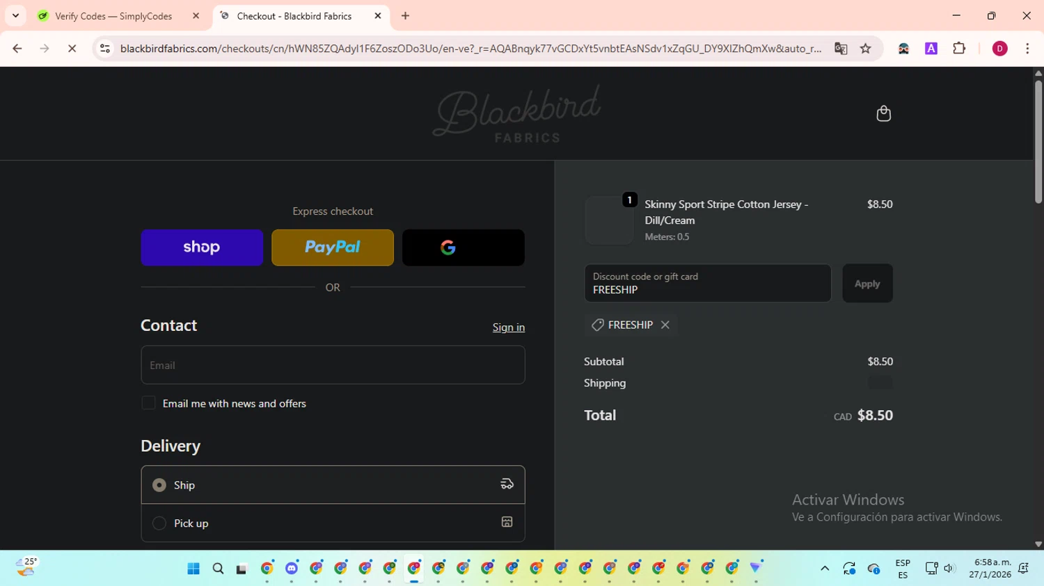 Blackbird Fabrics checkout page showing Blackbird Fabrics discount code box | Screenshot taken by SimplyCodes community member on Jan 27, 2026