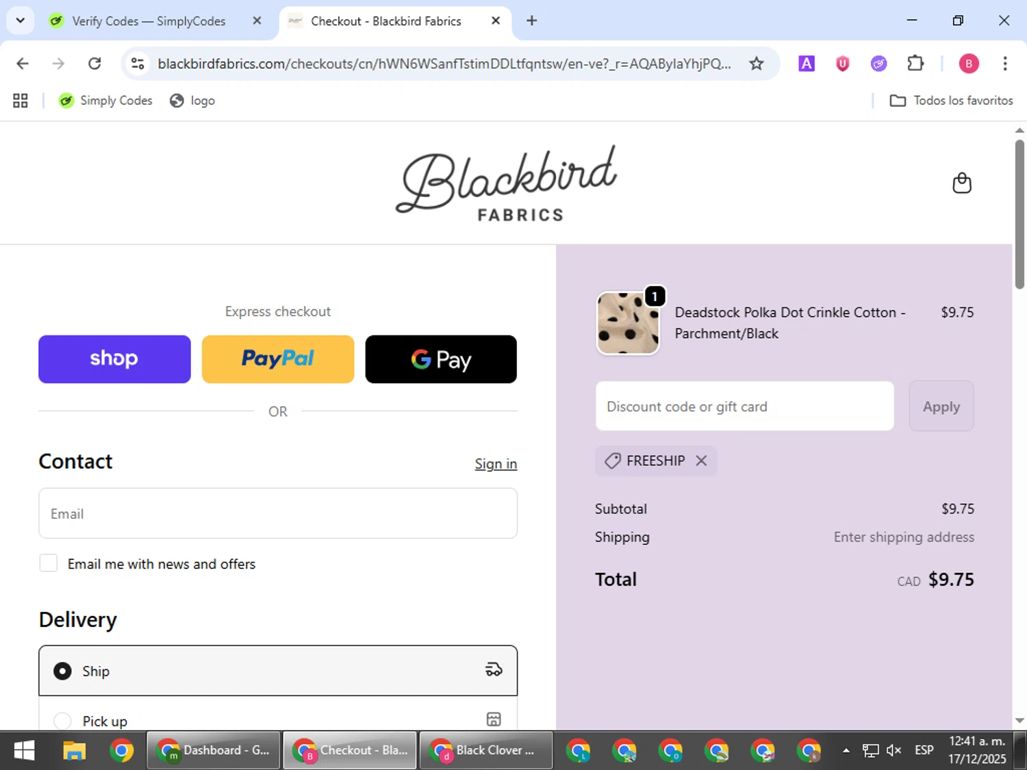 Blackbird Fabrics discount code screenshot showing code FREESHIP applied at Blackbird Fabrics checkout page. Uploaded by SimplyCodes community member bombontropical on Dec 17, 2025