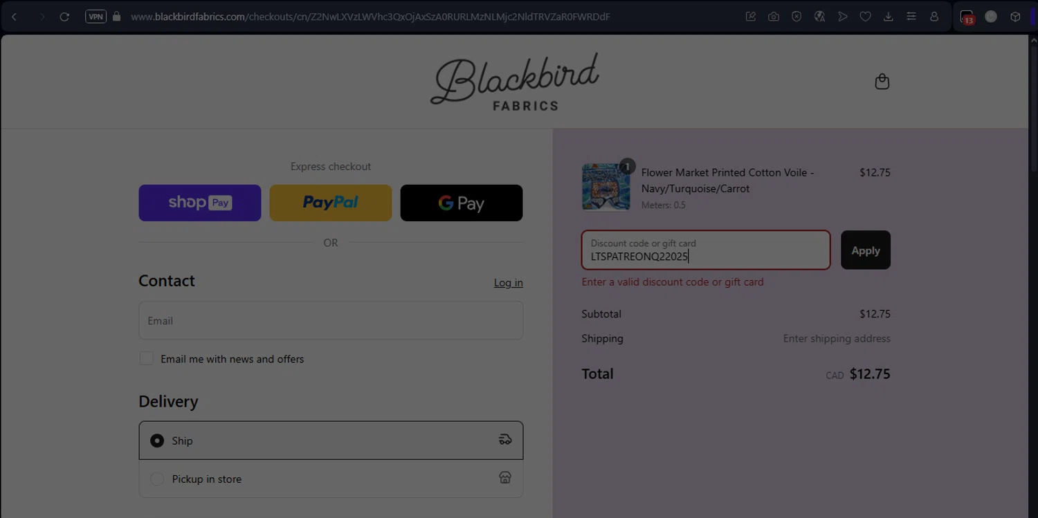 Blackbird Fabrics discount code screenshot showing code LTSPATREONQ22025 applied at Blackbird Fabrics checkout page. Uploaded by SimplyCodes community member LukaModric on Jul 14, 2025