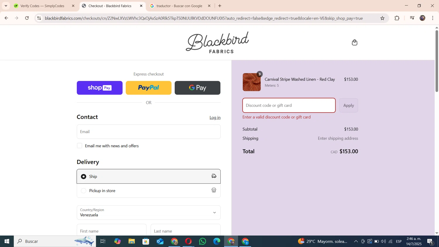 Blackbird Fabrics discount code screenshot showing code LTSPATREONQ22025 applied at Blackbird Fabrics checkout page. Uploaded by SimplyCodes community member andresito16 on Jul 14, 2025