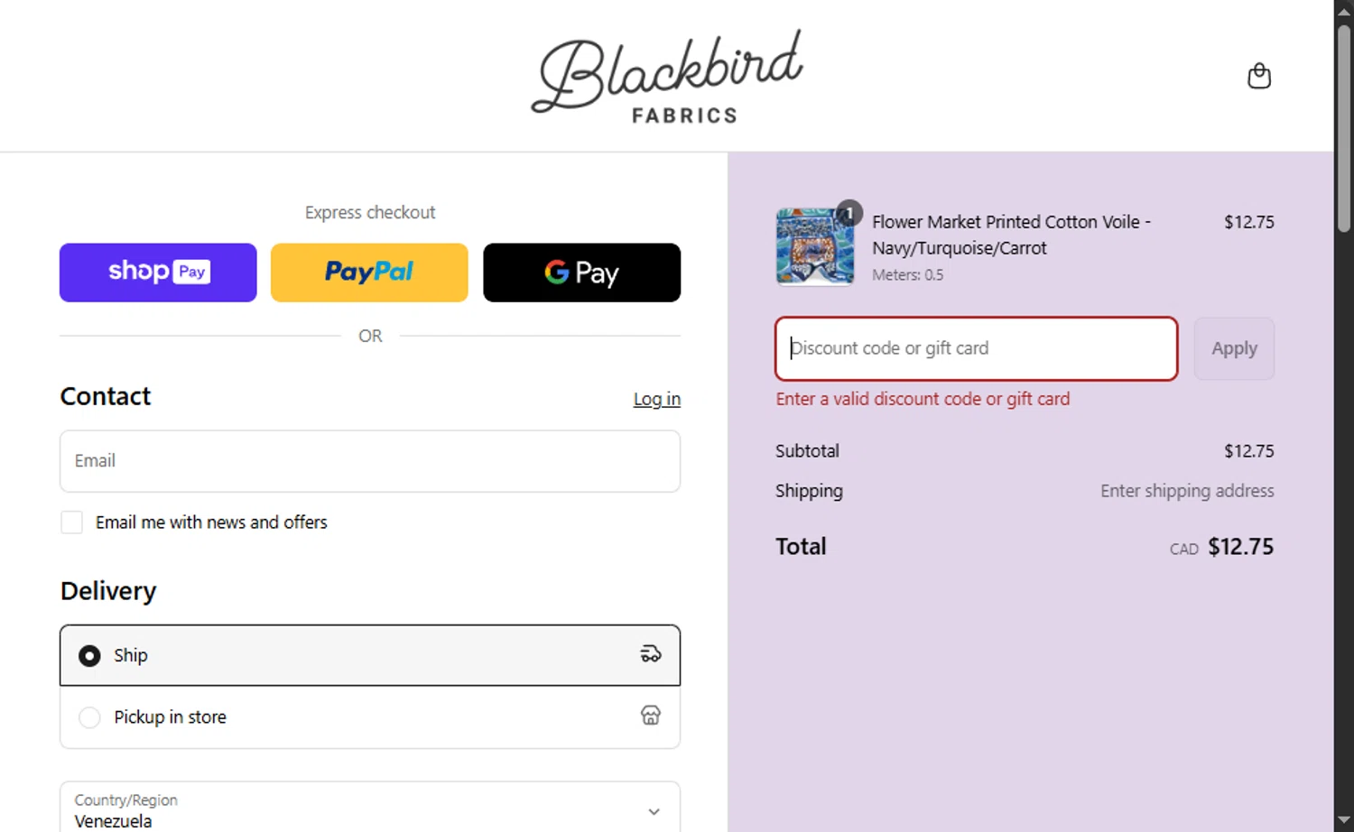 Blackbird Fabrics discount code screenshot showing code LTSPATREONQ22025 applied at Blackbird Fabrics checkout page. Uploaded by SimplyCodes community member Santi_ago on Jul 14, 2025