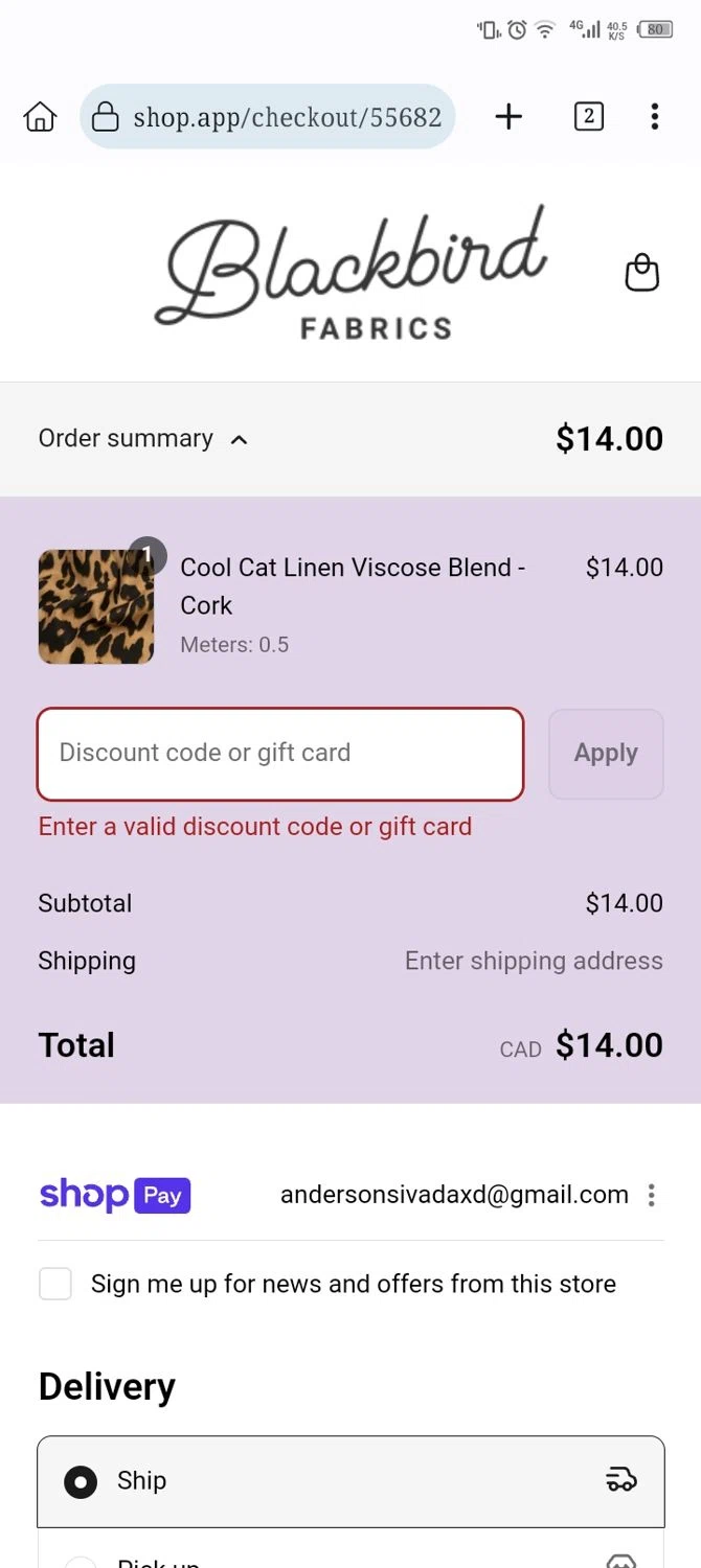 Blackbird Fabrics discount code screenshot showing code BIRDIETREAT20 applied at Blackbird Fabrics checkout page. Uploaded by SimplyCodes community member Diego_Soto on Aug 4, 2025