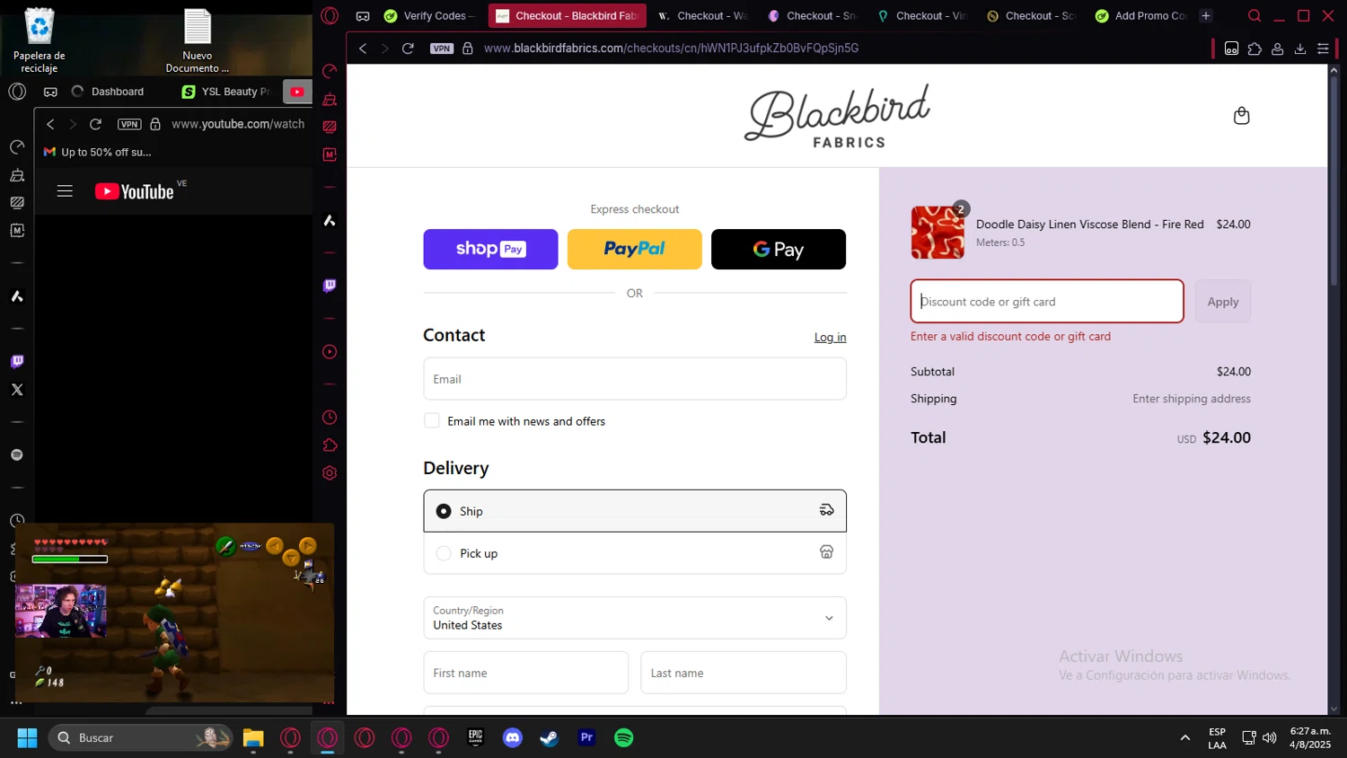 Blackbird Fabrics discount code screenshot showing code BIRDIETREAT20 applied at Blackbird Fabrics checkout page. Uploaded by SimplyCodes community member leonardocamacho2 on Aug 4, 2025
