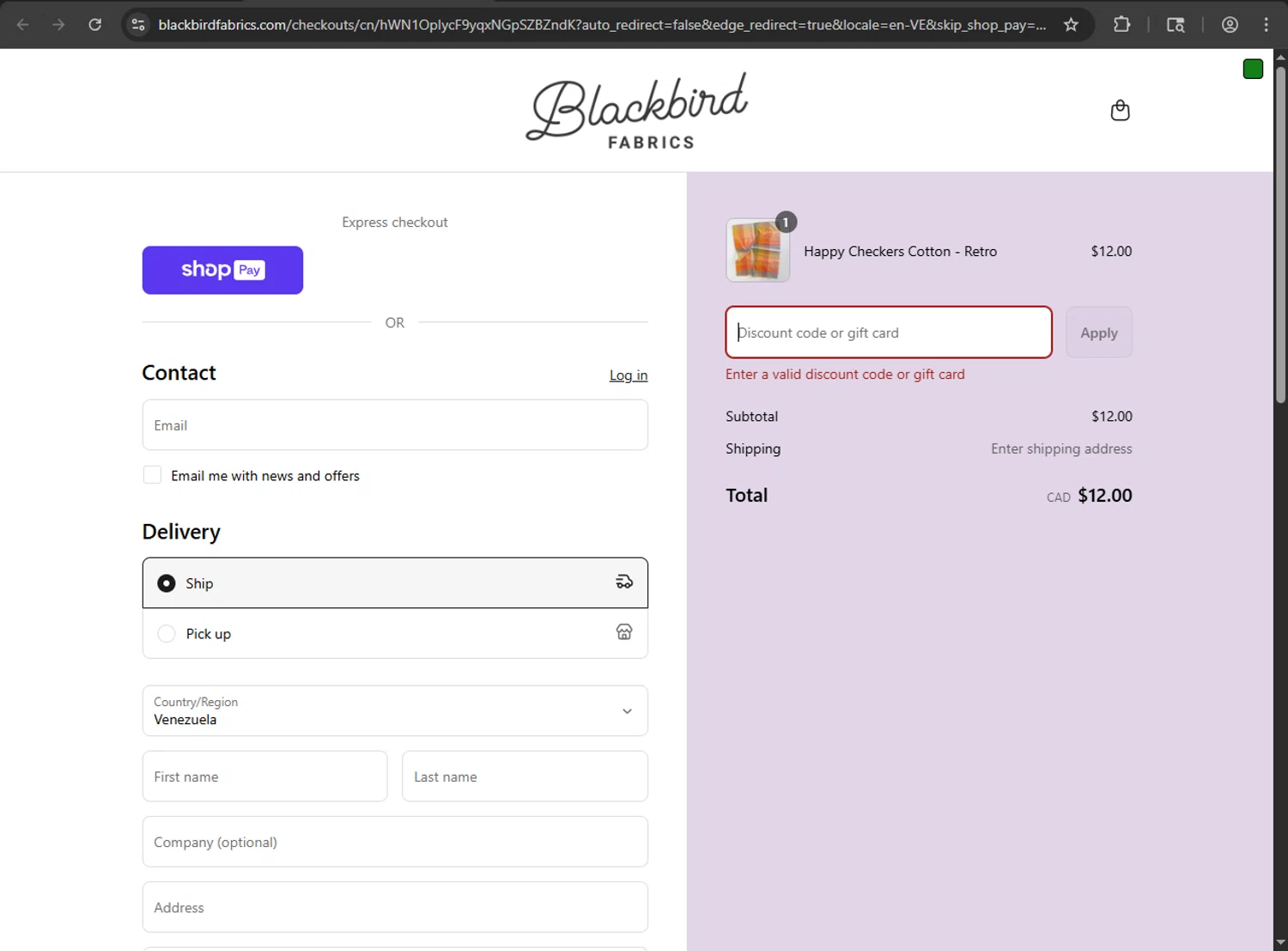Blackbird Fabrics discount code screenshot showing code BIRDIETREAT20 applied at Blackbird Fabrics checkout page. Uploaded by SimplyCodes community member MRDEAL on Aug 4, 2025