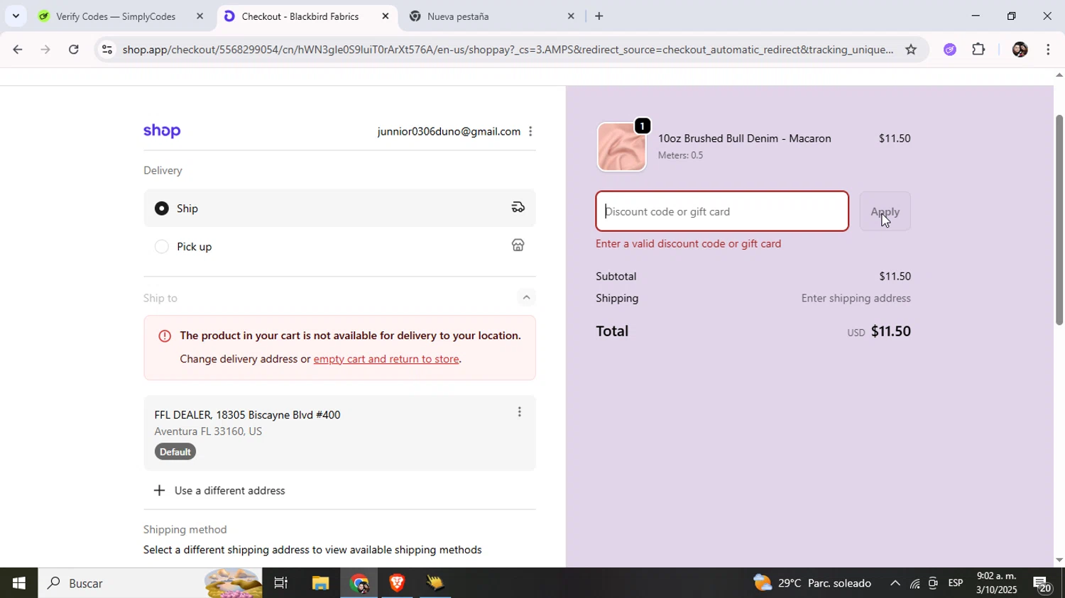 Blackbird Fabrics discount code screenshot showing code Q3SEAMWORK25 applied at Blackbird Fabrics checkout page. Uploaded by SimplyCodes community member Junniorduno on Oct 3, 2025