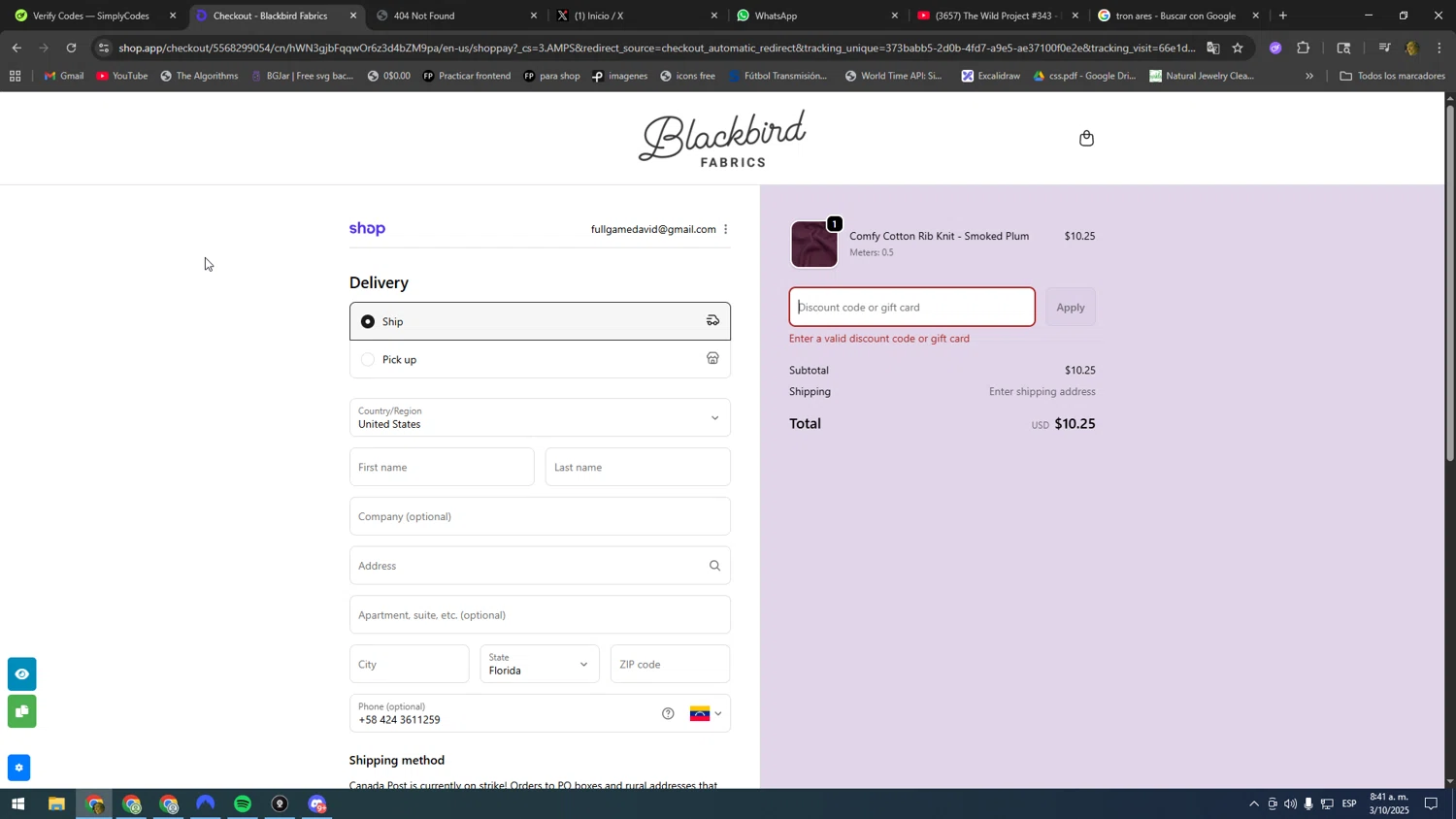 Blackbird Fabrics discount code screenshot showing code Q3SEAMWORK25 applied at Blackbird Fabrics checkout page. Uploaded by SimplyCodes community member kakakakakka on Oct 3, 2025