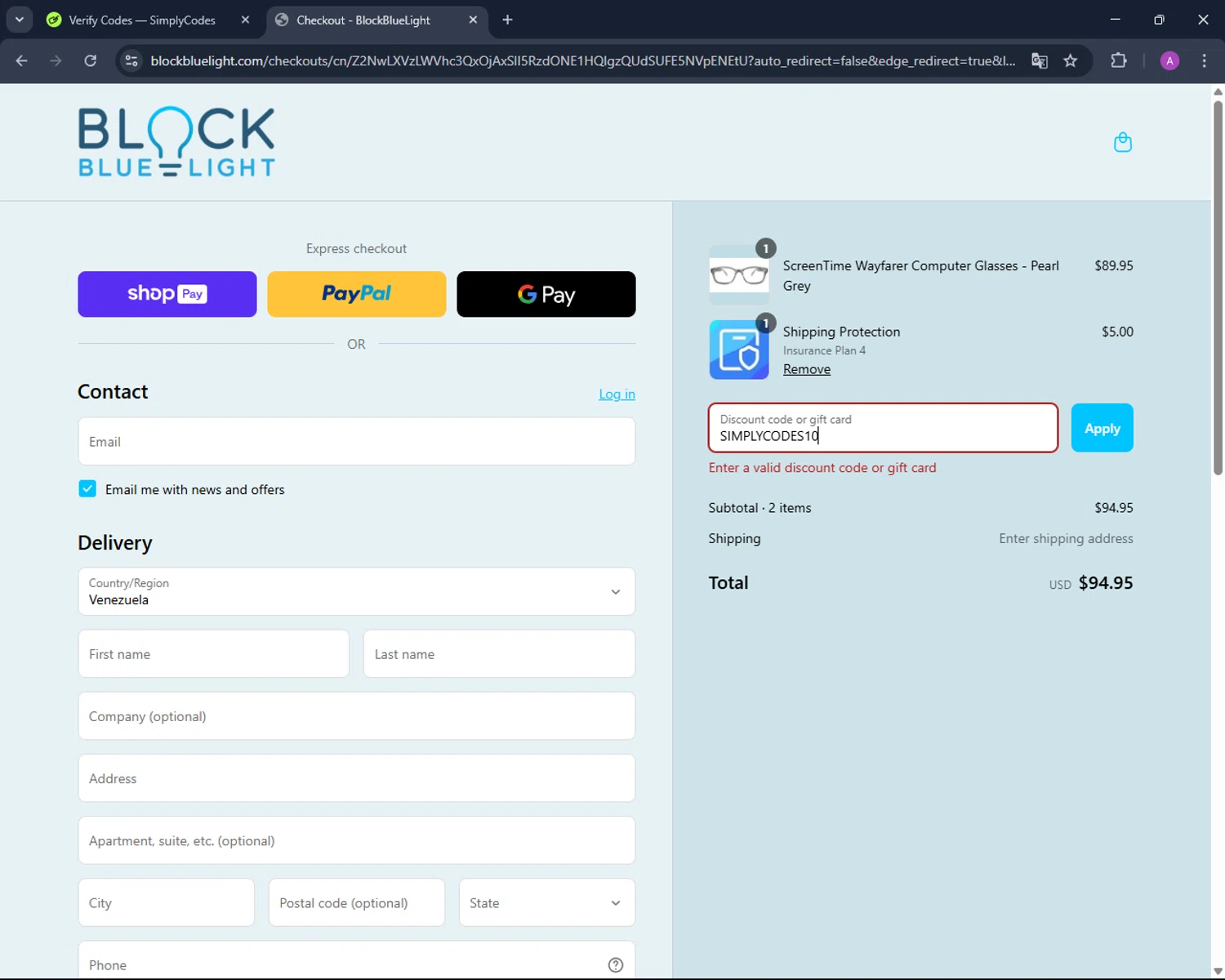 BlockBlueLight Eyewear promo code screenshot showing code SIMPLYCODES10 applied at BlockBlueLight Eyewear checkout page. Uploaded by SimplyCodes community member AndreinaA on Apr 8, 2025