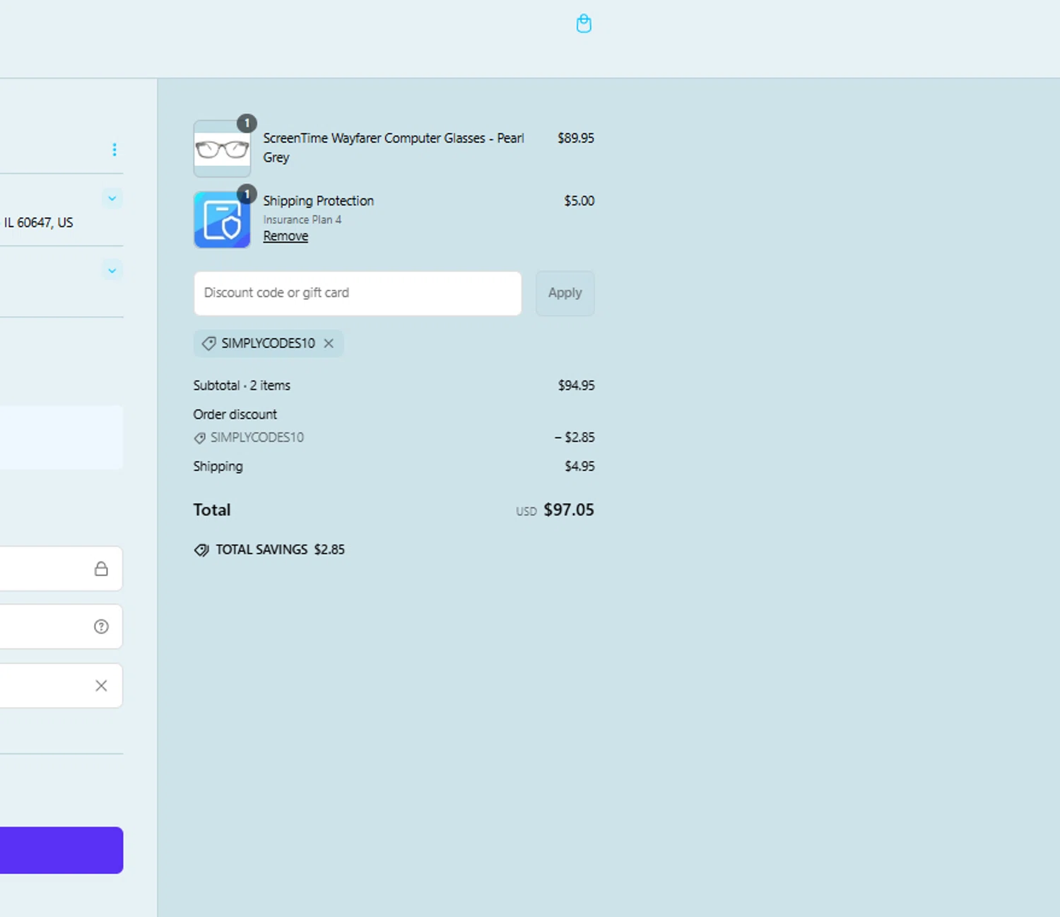 BlockBlueLight Eyewear checkout page showing BlockBlueLight Eyewear promo code box | Screenshot taken by SimplyCodes community member on Mar 6, 2025