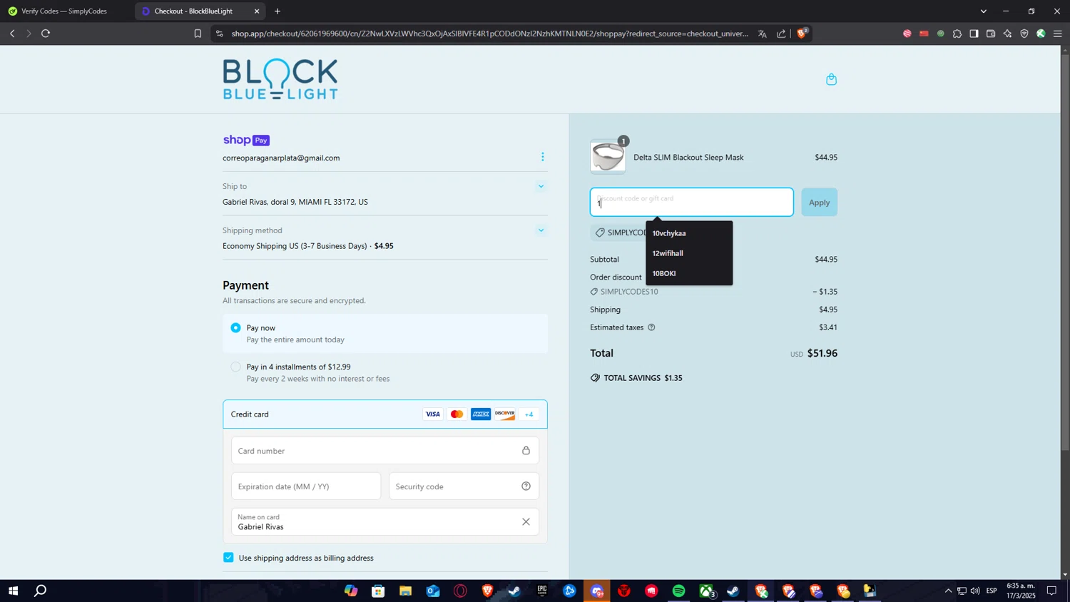 BlockBlueLight Eyewear checkout page showing BlockBlueLight Eyewear promo code box | Screenshot taken by SimplyCodes community member on Mar 17, 2025