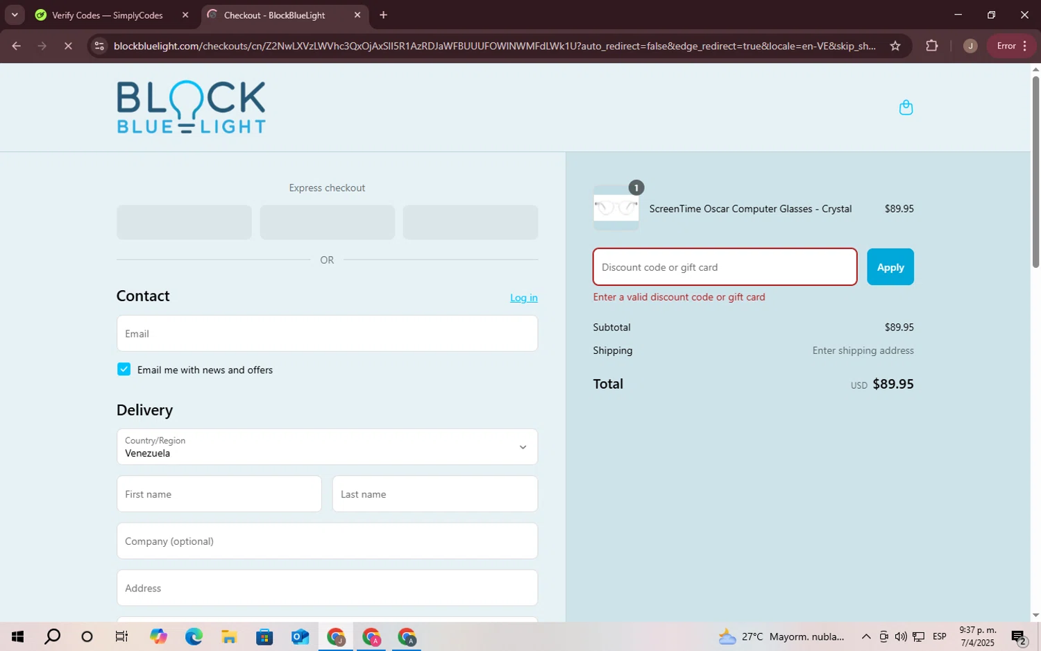 BlockBlueLight Eyewear promo code screenshot showing code SIMPLYCODES10 applied at BlockBlueLight Eyewear checkout page. Uploaded by SimplyCodes community member CrownChaser949 on Apr 8, 2025