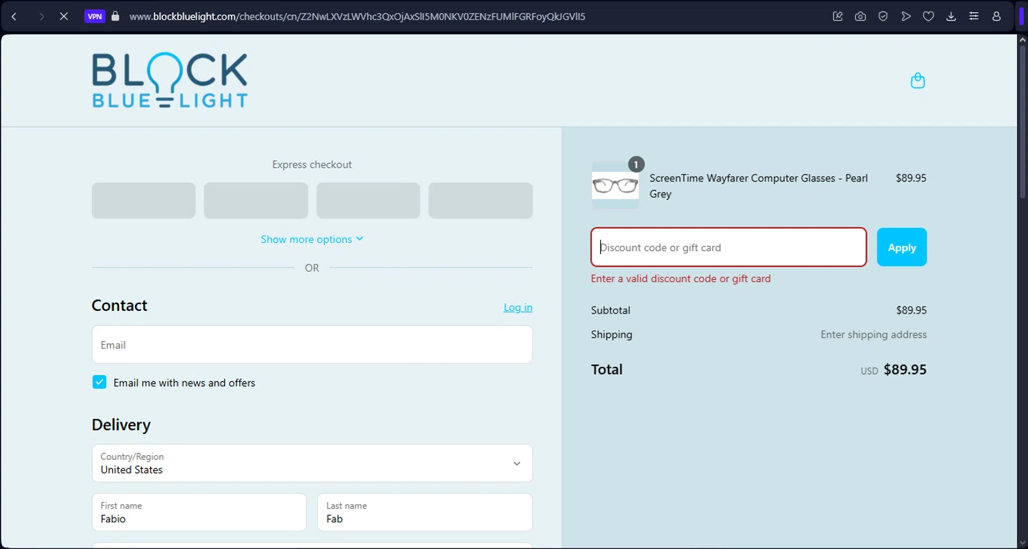 BlockBlueLight Eyewear checkout page showing BlockBlueLight Eyewear promo code box | Screenshot taken by SimplyCodes community member on Apr 7, 2025